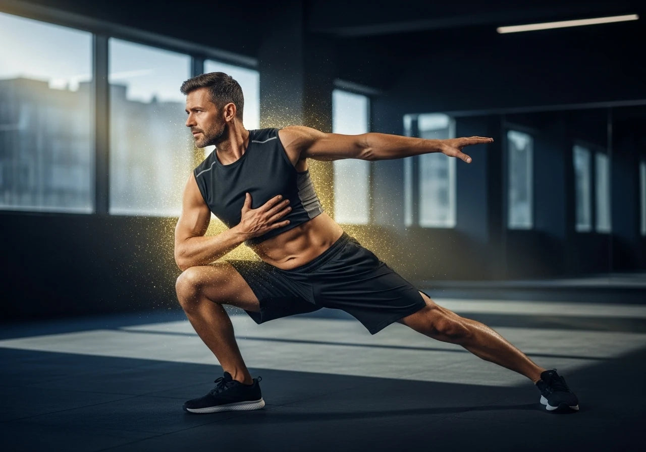 Atleta demostrando su fuerza y flexibilidad, beneficiado por la energía y recuperación muscular del Granada Omega 5.