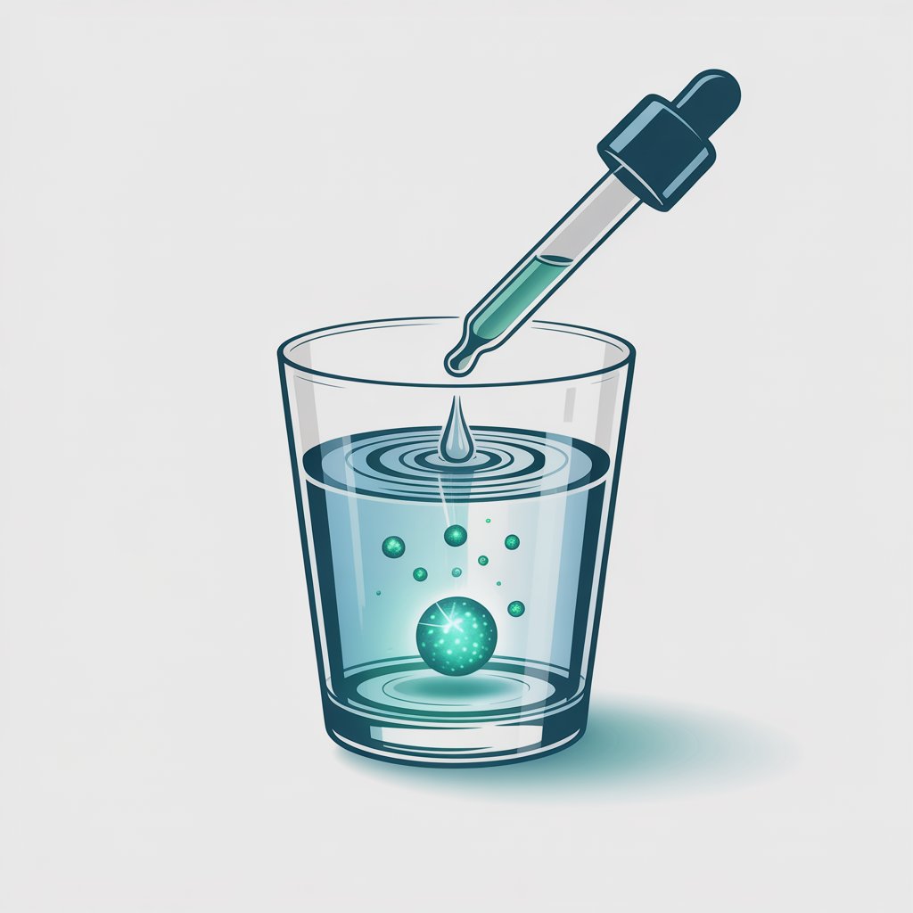 Ilustración del gotero de Granada Omega 5 añadiendo su fórmula de nano absorción al agua para una máxima eficacia.