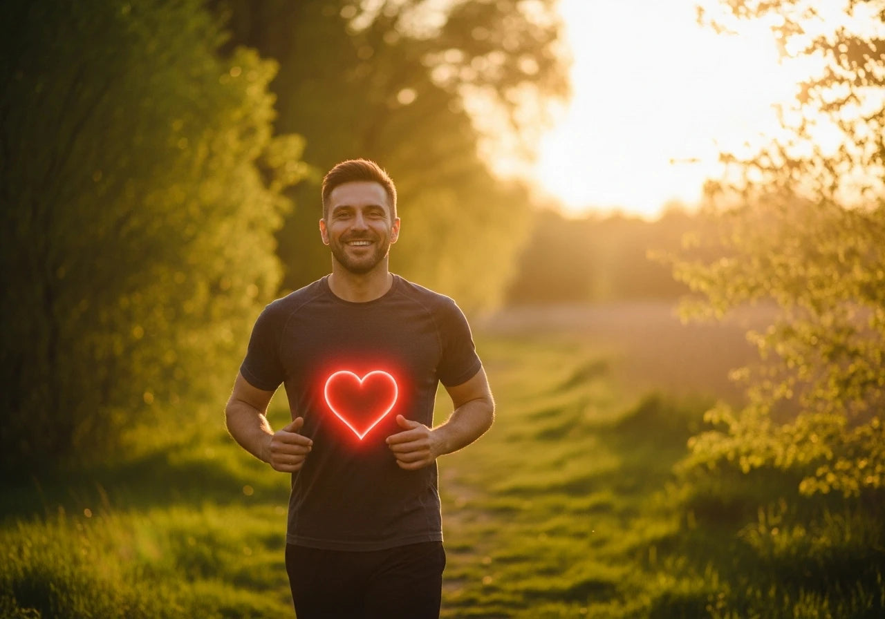 Hombre activo y saludable corriendo al aire libre, simbolizando el apoyo cardiovascular del Granada Omega 5.