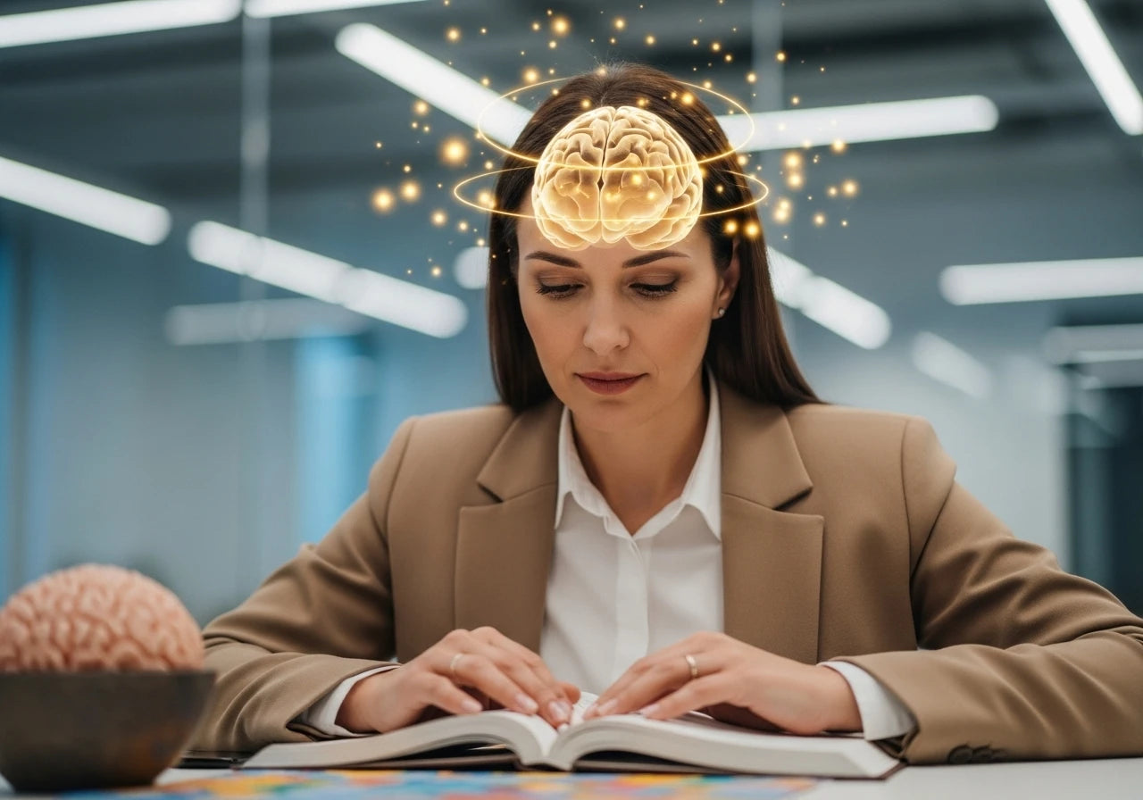 Mujer enfocada estudiando, demostrando la claridad mental y el apoyo cognitivo del suplemento Granada Omega 5.